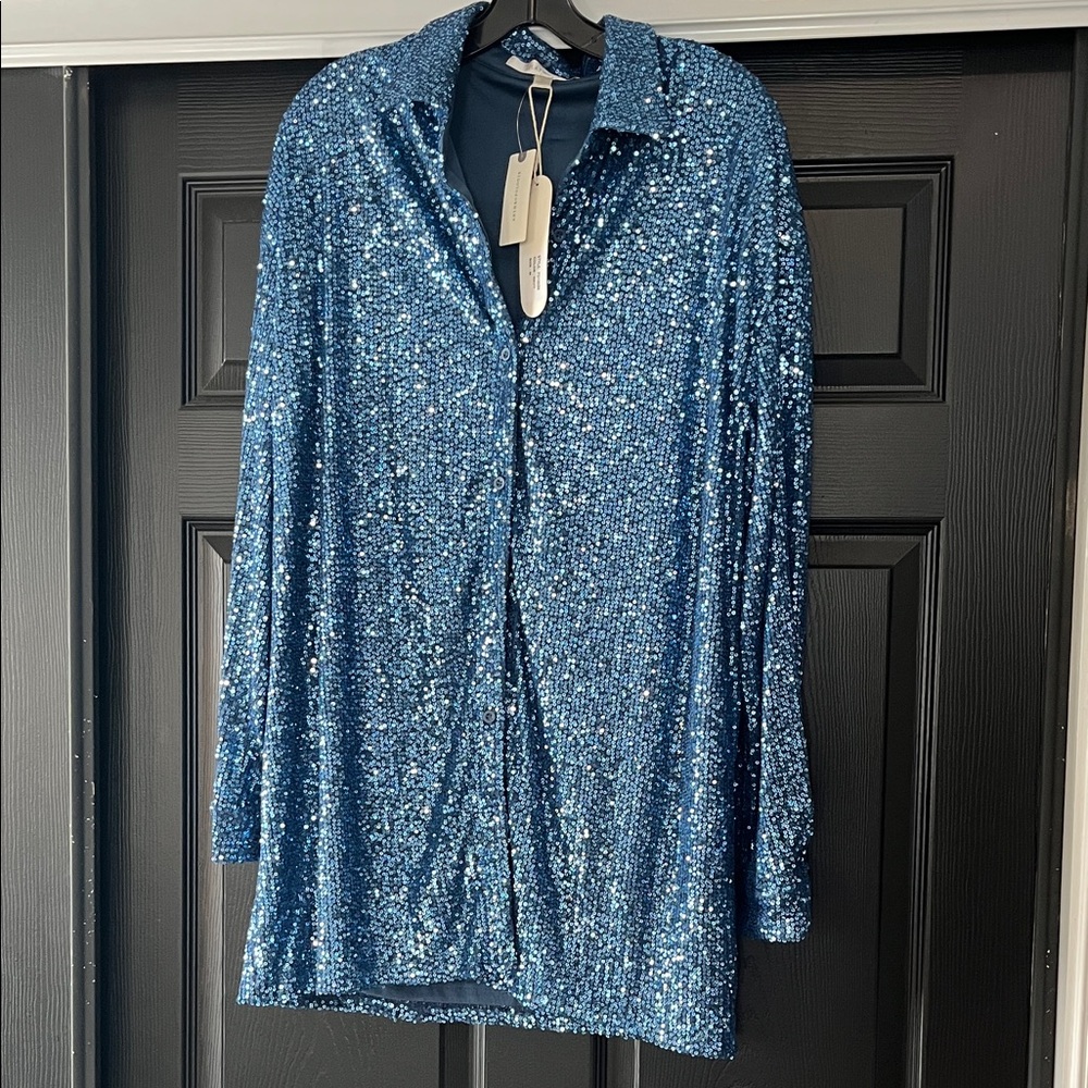 Flat White Sequin Blue Mini Shirt Dress